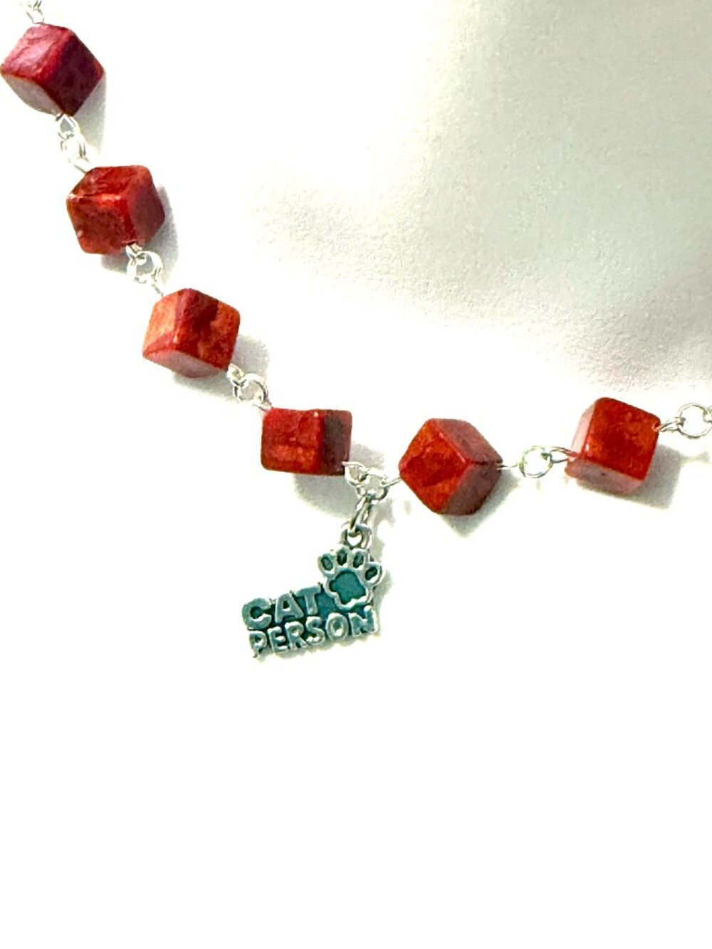 Red Reconstituted (Compressed) Coral w/ Silver Cat Person Pendant Necklace